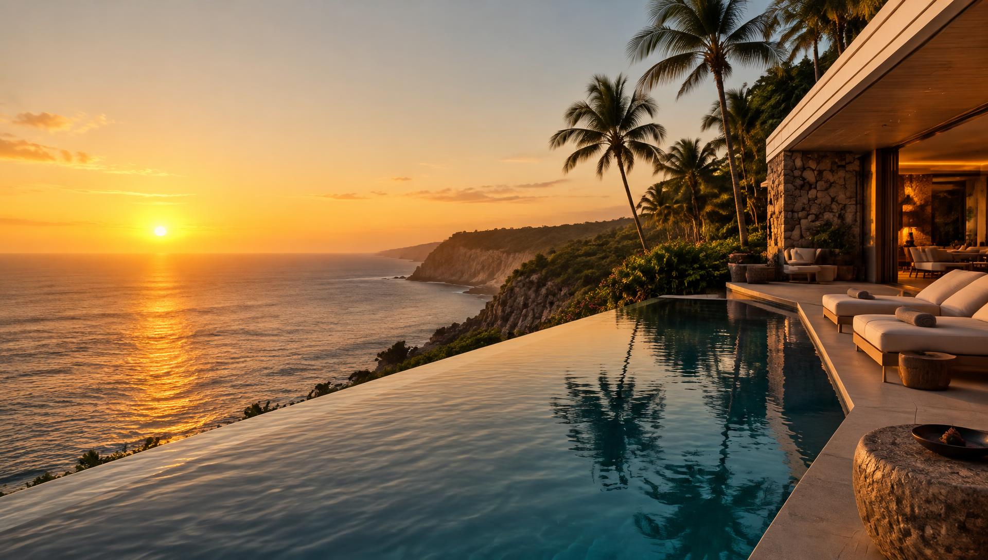 Infinity pool overlooking the ocean at sunset